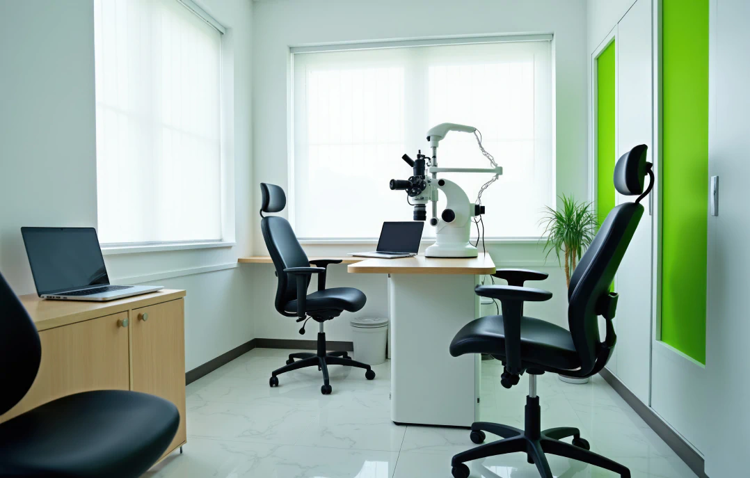 Desktop_About_Us_Excellence A modern, bright eye clinic room with an exam chair, slit lamp, laptops on desks, and green accents on cabinets. Sunlight streams through the windows, and a potted plant sits in the corner.