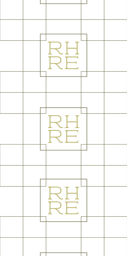 Desktop_About_Us_From_Healthcare_Graphic A geometric grid with three centered squares, each containing the overlapping letters RH above RE in light yellow, on a white background with thin green lines.