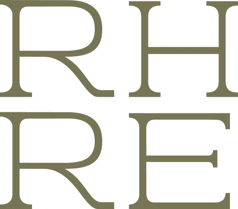 Desktop_About_Us_We_Believe_Graphic Close-up of large, cropped olive-green serif letters RH above RE on a light gray background. Only the partial upper and lower portions of each letter are visible.
