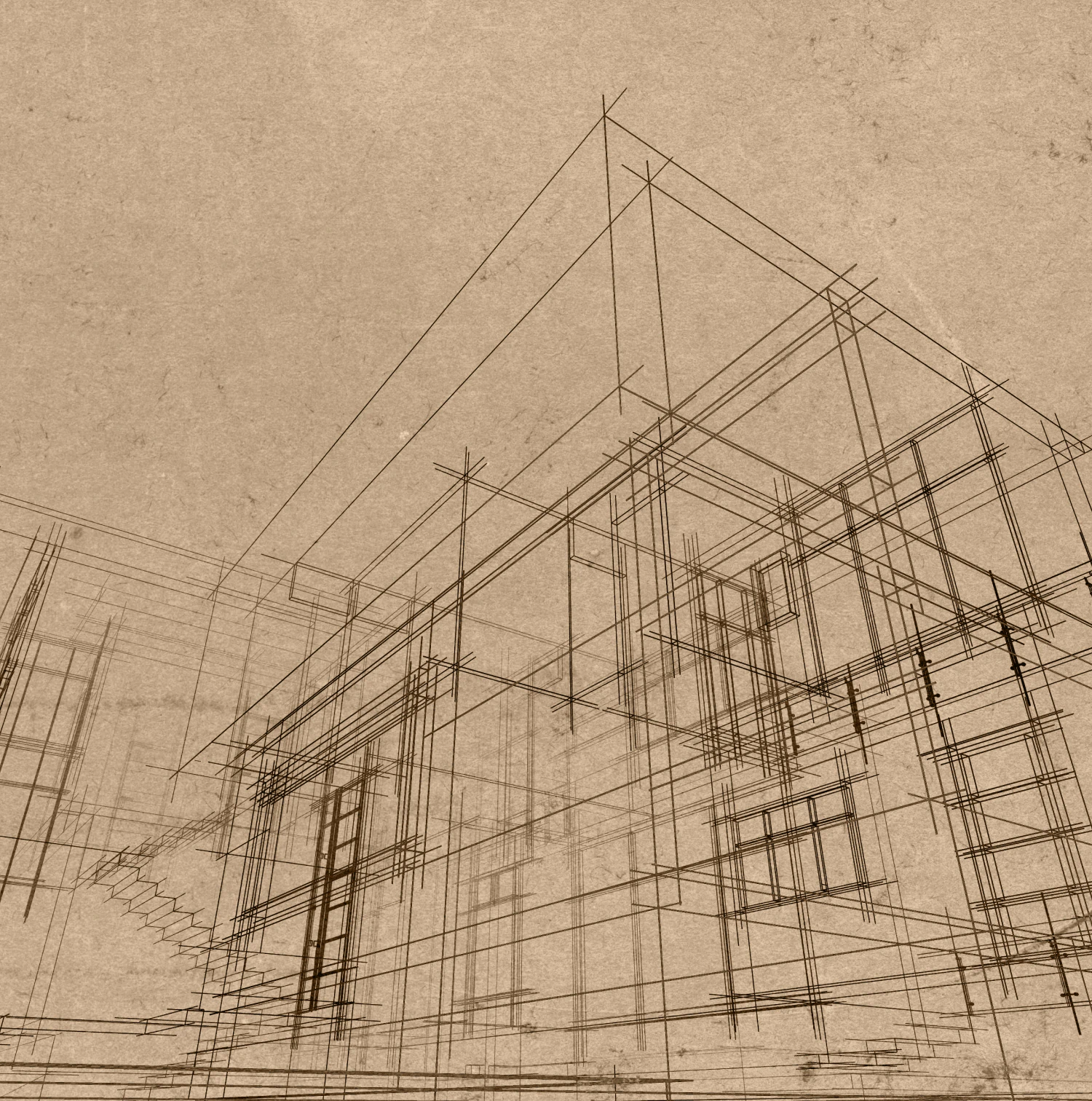 Desktop_Contact_Us_Reach_Out A sepia-toned architectural sketch shows intersecting lines forming the outline of a modern building, highlighting structural details and geometric shapes.
