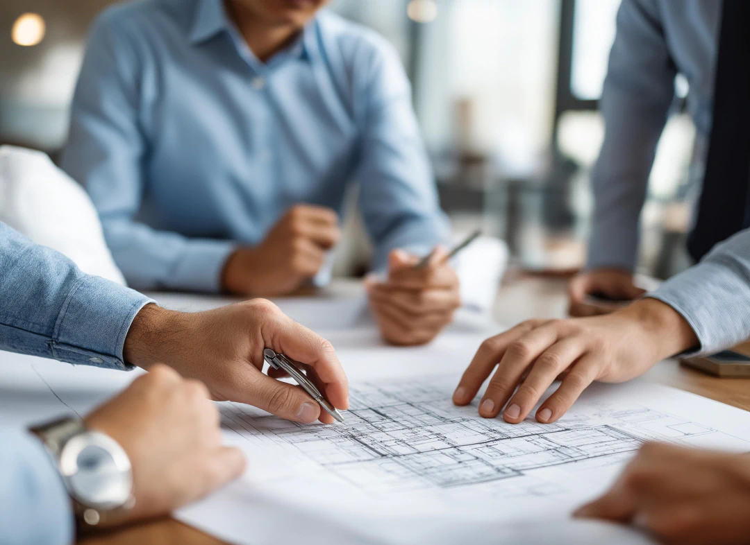 Desktop_Home_Supporting_Every Four people in business attire closely examine and discuss architectural blueprints spread on a table, with hands holding pens and pointing at details on the plans. The focus is on the hands and the documents.
