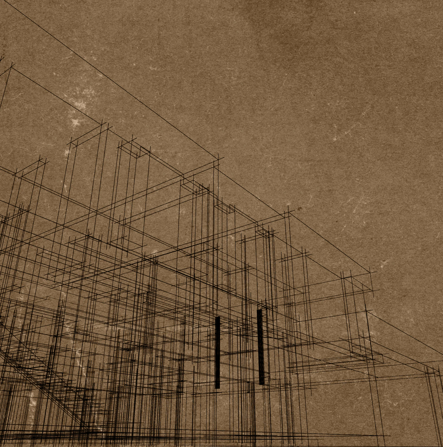 Desktop_Home_Supporting_Providers A sepia-toned image showing a wireframe architectural structure with intersecting lines and geometric shapes, set against a textured background.