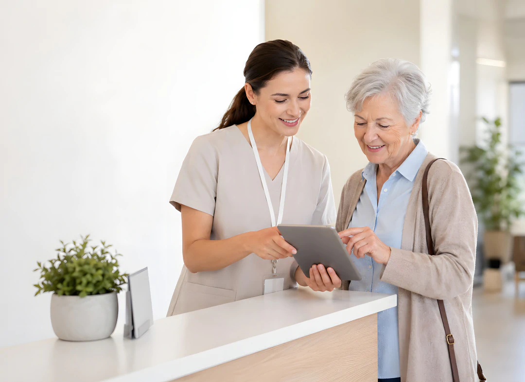 Desktop_Home_Where_Experience A nurse helps an older woman use a tablet at a reception desk. Both are smiling, and a small potted plant sits on the counter.
