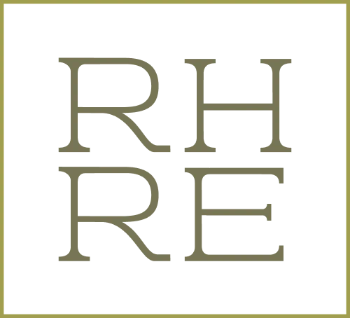 A logo with the letters RH stacked above RE in a serif font, all in olive green, centered on a white background with a thin olive green border.